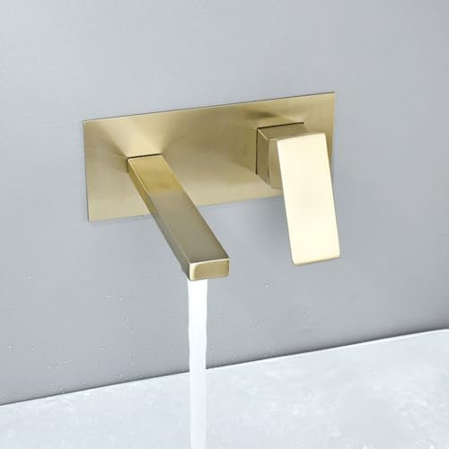 Waschbecken Armaturen Wasserfall 2-Loch Wasserhahn Unterputz Armatur Waschbecken Waschtischarmatur Einhebelmischer Komplett Aus Kupfer Für Heißes Und Kaltes Wasser,Gebürstetes Gold