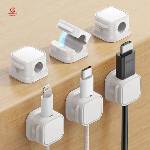 Cable Tidy Clips, 6 Pack, Adjustable Cord Organiser, Magnetic Cable Management, Self-Adhesive Wire Holder for Desk, Nightstand, Charging Cables, HDMI, USB, Audio Cable, Office, Home, White