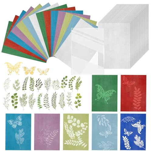 Theiuaoqwe Cianotipia 57 Pezzi Cianotipia Kit Kit Cianotipia Cyanotype 7 Colori 20 Pezzi Bianco 12 Pezzi a Colori Carta Cianotipia A5 23 Foglie Verdi e Farfalle Modelli Stampati Fai da Te