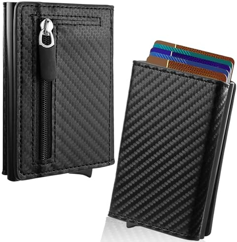 QGGTQG Geldbörse Herren, RFID-Diebstahl-Bürstenschutz, Slim Wallet mit Münzfach mit Reißverschluss, Automatisches Pop-Up-Kartenetui aus Aluminium, Kartenetui Damen Schwarz, Bereit zum Verschenken
