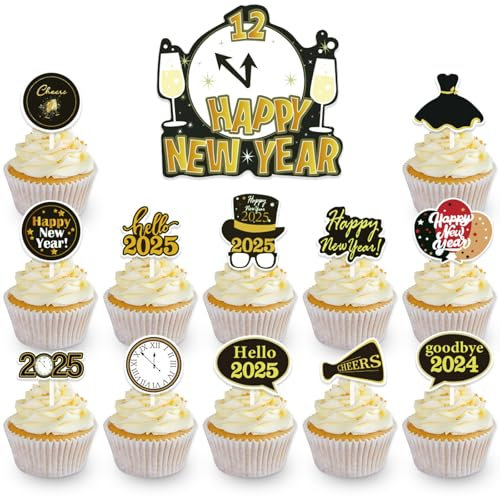 DazzJoy 16 Stk Happy New Year Cupcake Toppers,Schwarz Gold Tortendeko 2025 Silvester Deko,2025 Tortendeko Happy New Year,Kuchendeko Neujahr Deko,Hello 2025 Kuchen Deko für Silvester Party