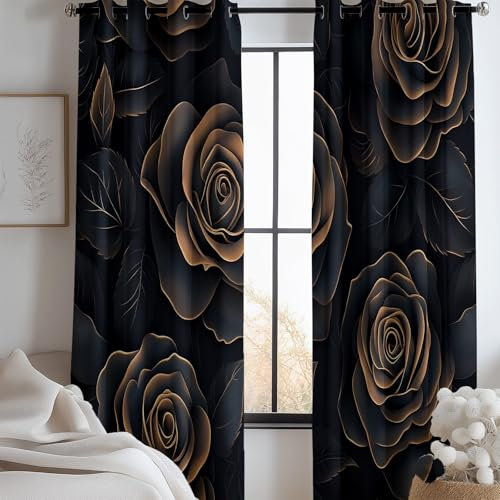 CozyRest Blackout Vorhänge Blickdicht mit Ösen, 2-Set 214 x 91.5 cm Weiche Verdunklungsvorhänge für Wohnzimmer Kinderzimmer mit Rose schwarz und Gold Schiebevorhänge