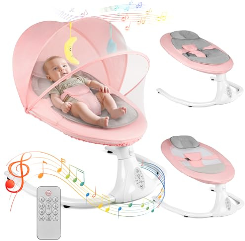 Electric Baby Swing Chair, Baby Bouncer Chair with Bluetooth Music Player & Remote Control & 4 Speeds & 4 Timers, Removable Seat Cushion for All Seasons