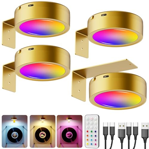 Foco para Cuadros Sin Cable, Dorada 2600mAh Aplique Luz Cuadro con Mando a Distancia Lampara Pared Bateria Recargable USB Inalámbrica Luces Vitrina LED Colores Sin Electricidad con Magnetico Imagen