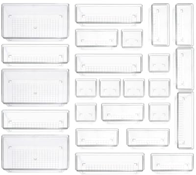 Sodynee Clear Plastic Drawer Organizer Storage - 25Pcs 4 Size Desk Bathroom Kitchen Organizers and Accessories Office Organization, Vanity Stackable Drawers Bins Trays Containers Dividers Makeup Sets