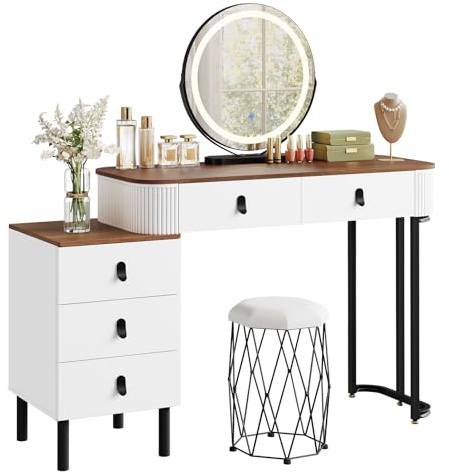 WOLTU Sminkbord med LED-belysningsspegel och sminkpall, 3 dimbara färger, sminkbord med 5 lådor, flexibel montering, 100 x 40 cm bordsskiva, orangebrun träeffekt