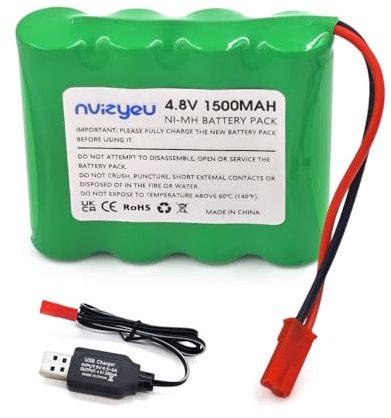 nvizyeu 4,8 V NiMH-Akku, 1500 mAh AA wiederaufladbarer 4,8 V Akkupack, geeignet für ferngesteuertes Auto, RC-LKW, Spielzeugfahrzeug, kommt mit Ladekabel (JST-Stecker)