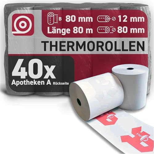 Gebongt24 Thermorollen 80 mm x 80 m x 12 mm 55g/m² mit Apotheken-A-Druck (Rückseite) – hochwertige Bonrollen aus BPA-freiem Thermopapier – 40 Kassenrollen mit ⌀ 80 mm