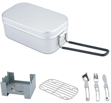 Camping Dose für 1, ISFORU Aluminium Bento Box Militär Camping Kochgeschirr Kit leichtes Mittagessen Container mit Besteck Set für Picknick Wandern Angeln Kochen im Freien, 800ml