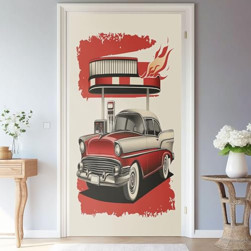 3D Türaufkleber 95 x 215 cm Retro Auto Tankstelle Tür Türtapete Selbstklebend Wasserdicht Abnehmbar Türfolie TürPoster Fototapete Wohnzimmer Schlafzimmer Küche Bad Dekoration, Rot Creme