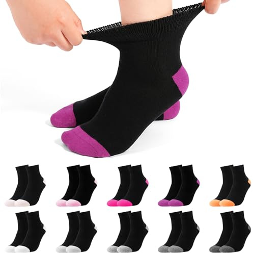 Jeasona 10 Paar Diabetikersocken Damen Socken 39-42 Sommer Schwarz Diabetiker Socken Ohne Gummibund Damen Kurz für Diabetes Diabetiker Ohne Gummi Bund