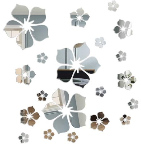 UEIOAVL Adesivi da parete, 18 pezzi adesivi murali a specchio fiori in acrilico fai da te adesivi murali artistici decorazione murale per camera da letto bagno soggiorno (argento)