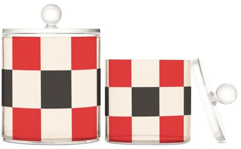 voucong Organizador de dulces de plástico transparente con tapa y patrón a cuadros rojo y blanco, paquete de 2 unidades