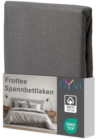 NYVI Spannbettlaken DreamScience Frottee 180-200x220 cm grau für Boxspringbetten bis 32 cm - Warm und Kuschelig, hohe Feuchtigkeitsaufnahme, schnell trocknend