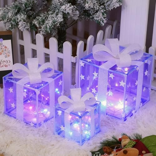 Aluusy 3er LED Geschenkboxen Weihnachten, 50LED Weihnachten Leucht Boxen Stern 8 Modi Weihnachtsgeschenkboxen mit Timer Fernbedienung, Batteriebetrieb Weihnachts Deko für Weihnachtsbaum Dekoration