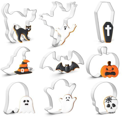 Evadollina Halloween Ausstechformen, 9 Stück Halloween Cookie Cutter, Kürbis Ausstecher, Kürbis Schnitzset Ausstecher, Küchen Zubehör, Geist, Fledermäuse, Schädel (Typ A)