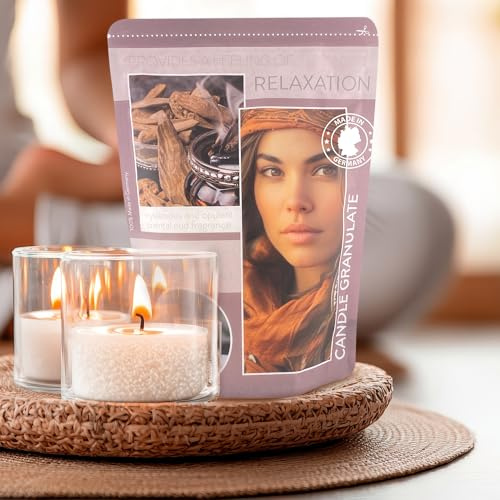 Alluvo Kerzensand Oriental 400 g mit 4 Dochten palmölfrei | Kerzengranulat mit orientalischer Duftnote – rußarm, wiederverwendbar für Windlichter, DIY-Kerzen und Glasdeko