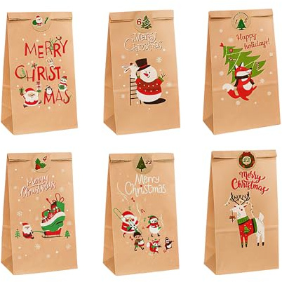 Geschenktüten Weihnachten 24 Stück, Weihnachtstüten Papiertüten, Adventskalender zum Befüllen, Partytasche Geschenkbox Kraftpapier Verpackung, Schokolade SüßIgkeiten Organizer 24x13x8cm
