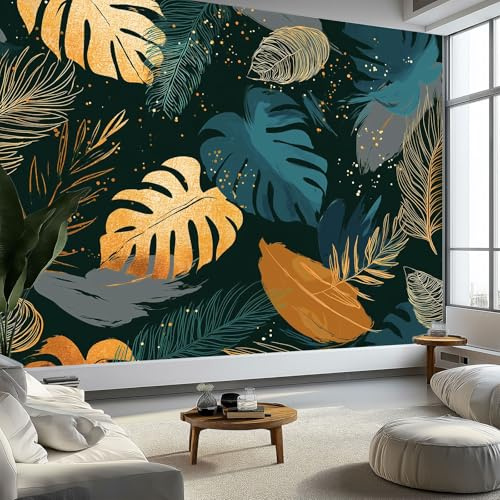 Fotomurale no Tejido Hojas Tropicales Hojas De Palma 350 x 256 cm Papel Pintado Decoración de Pared moderna, Verde Oscuro Murales póster - Dormitorio Salón TV Pared Murales