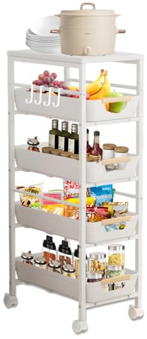 5 Ebenen Rollwagen, Aufbewahrungswagen mit 4 Schublade & Holzplatte & 2 Bremsräder, Schmaler Küchenwagen, Nischenwagen für Kleine Räume, Bad, Wohnzimmer, Waschküche (Weiß, L: 38* 32*81.5 cm)