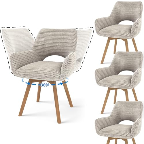 JIJIAN 4er Set 360° Drehbare Esszimmerstühle mit Armlehnen, Taupe | Drehbar Stühle Esszimmer mit Holzbeinen, Moderner Küchenstuhl aus Cord, Polsterstuhl für Esszimmer, Küche, Wohnzimmer