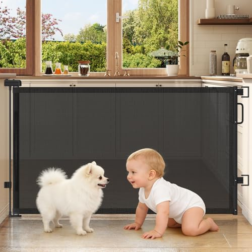 Cideny Retractable Baby Gates for Doorway, 58 Wide Mesh Dog Gate for Stair | 34 Tall Toddler Pet Gate Extra Wide Indoor and Outdoor, Easy Install, Essential for Home Safety, Black