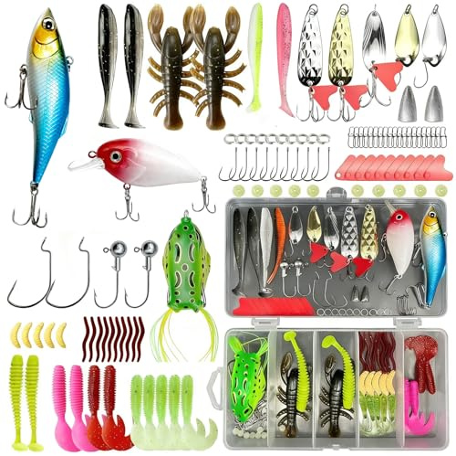 Fishing Lures Mixed Set, 107 Pcs Fishing Bait Lure Gear for Freshwater & Saltwater Portable Soft Rigs Lures Included Crankbaits Spoon Hooks Jigs Spinners Etc, Fishing Hooks Accessories