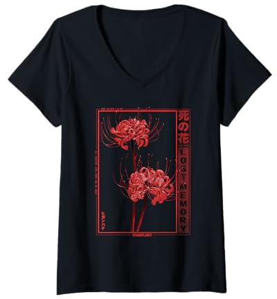 Donna Giapponese Ragno Giglio Soft Grunge Anime Estetica Fiore Maglietta con Collo a V