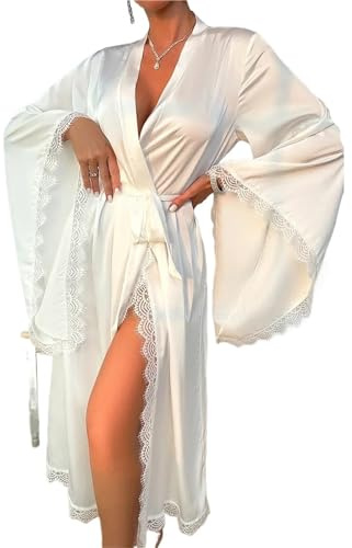 Lång brud bröllopsrock kvinnor eleganta nattkläder stor ärm spets full slip kimono myskläder mjuk vit rayon hem morgonrock för fest, Vitt, M