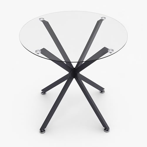 Runder Esstisch 90 cm, Kleiner Glastisch mit Gehärteter Glasplatte und Schwarzen Metallbeinen, Moderner Küchentisch für Küche Esszimmer Wohnzimmer Büro