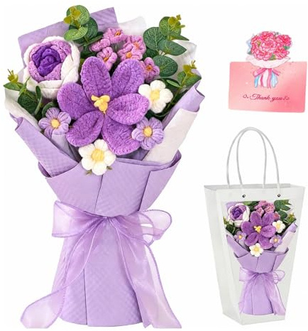 Handmade Crochet Flower Bouquet with LED Lights, Artificial Rose & Lily Gift Set with Bag & Card, Artificial Flowers for Graduation, Birthday, Anniversary, Thank You Teacher, Home Decor (Purple)