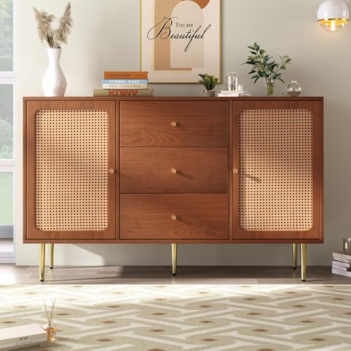 BTM Rattan Sideboard Cabinet for Living Room, Chest of Drawers, Sideboard with 2 Doors and 3 Drawers, Adjustable Shelf, Walnut