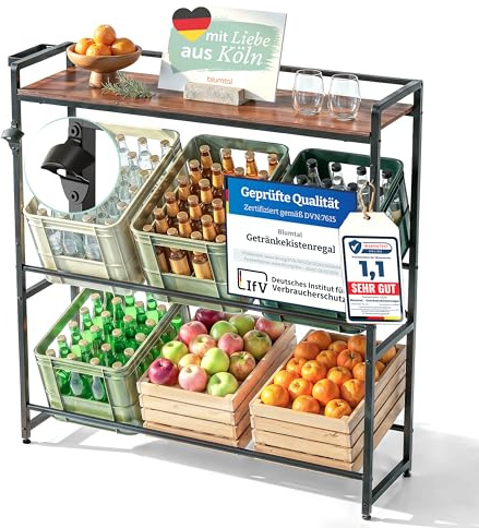 Blumtal Getränkekistenregal 6 Kisten mit Ablage Holzoptik - Kistenregal/Getränkeregal + integriertem Flaschenöffner & Haken - Regal Getränkenkisten Belastbarkeit bis 150 kg pro Ebene in Schwarz
