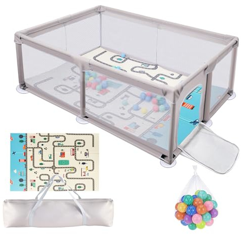 Truevaste Laufstall Baby 180x200 mit Matratze, 65cm hohes Laufgitter, Playpen mit 50 Bällen & 8 Rutschfesten Saugnapf-Füßen, Sicherer & Großzügiger Spielbereich für Indoor Outdoor, Einfach Aufzubauen