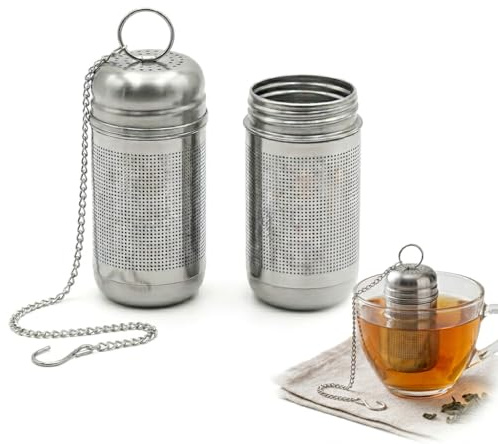 2 Stück Teesieb für losen Tee aus 304 Edelstahl, Feinmaschiger Teefilter mit Abtropfschale & Kette, Rostfreies Teeei für Tassen, Teekannen und Gewürze, Spülmaschinenfestes Tee Zubehör