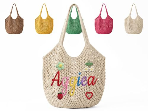 CGFN Strandtasche Damen Personalisiert,Personalisierte Boho Gehäkelte Tasche Als Geschenke Für Mädchen,Handtasche Mit Namen Sommer & Urlaub