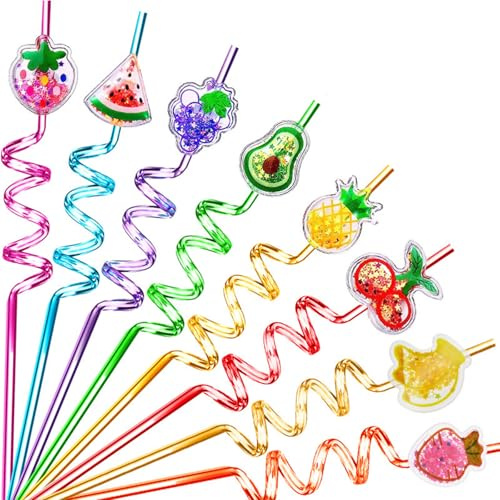 GWEOR 8 Pezzi Cannucce Riutilizzabili per Bambini con Decorazioni Frutta e Glitter, Cannucce in Plastica Colorate per Feste di Compleanno e Cocktail, Cannucce a Spirale Senza BPA per Succhi e Smoothie