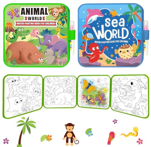 LUFEIS Mess Free Water Painting Books, 2 PCS Reusable Water Colouring Books with Water Pens, Water Reveal Paintless Activity Book, Aqua Art Magic Water Drawing Kit (Animals & Sea World)