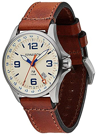 Torgoen T9 Cream GMT Pilot Watch for Men, Swiss Quartz, Mineral Crystal with Vintage Brown Leather Strap