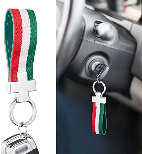 TOMALL Italienische Flagge Streifen Schlüsselanhänger Ring Nylonband Schlüsselband Innen PU Leder 3 Farben Streifen Schlüsselanhänger Kette Mode Streifen für Autoschlüssel Brieftasche Europa Universal