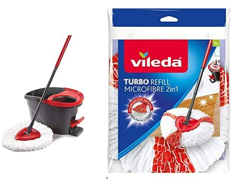Vileda 141084 Easy Wring & Clean Juego de Fregona con Palo Telescópico y Cubo Escurridor Giratorio, Negro/Rojo, 48cm x 28cm x 28cm + Producto de Limpieza Multiusos para el Hogar
