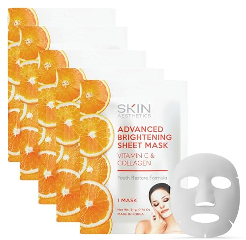 Skin Aesthetics Vitamin C & Collagen Sheet Face Mask - Reduces Wrinkles & Age Spots, Hydrating - Dermatologist Tested Korean Skincare - Clean Beauty, Cruelty-Free - 5 Masks