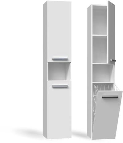 CDF Badezimmerschrank Badschrank Schmal Hoch, mit 1 Wäschekorb Breite: 31 cm, Badezimmermöbel Aufbewahrungsschrank für kleine Räume Badregal Badmöbel WC Flur - Weiß 30x31x174 cm