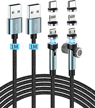 Kuulaa 3-in-1-Magnetladekabel, 3A Magnetisches Ladekabel 2Stück, USB C Magnet Kabel 360° und 180° Drehbar Magnetic Datenkabel mit Type C/Micro USB/iProducts für Samsung/Oneplus/Huawei/Xiaomi/Sony