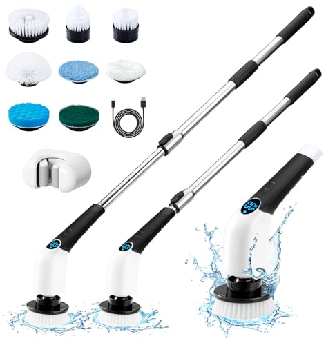 Brosse de nettoyage électrique sans fil avec 8 têtes de brosse remplaçables, long manche, extensible pour sol de salle de bain, baignoire, carrelage