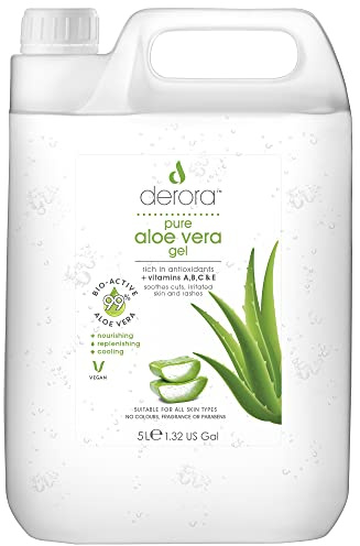 Aloe Vera Gel by Derora | Contains 100% Pure, Organic & Natural Bio Active Aloe Ingredients | for Healing, Soothing & Hydrating the Skin, Face & Body | Cruelty Free & Vegan (5L (Pack of 1))