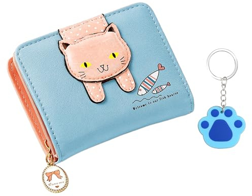 1 portafoglio per gatti blu con 1 ciondolo a forma di zampa di gatto blu, portafogli per bambini, portafogli in pelle animata, Blu, 12*10*3cm, Classico