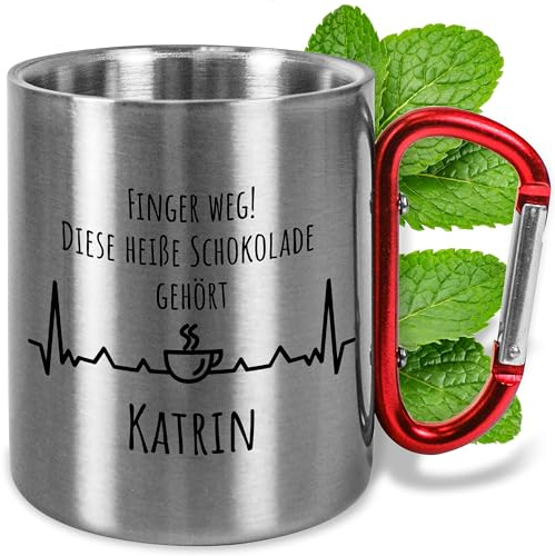 Lustiger Metall-Becher Edelstahl mit Karabiner ca. 330ml personalisiert „Finger weg!“ - Camping Tasse mit Namen - Outdoor Geschenke Männer & Frauen (Schokolade, Griff Rot)