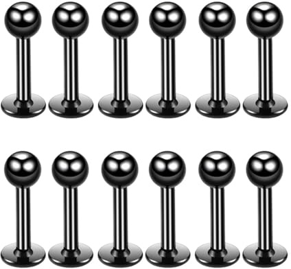 12 Stück Schwarz 1,2 x 6 x 3 mm 16 G 316L Edelstahl Kugel Lippe Tragus Helix Ohrring Ohrstecker Langhantelring Körper-Piercing-Schmuck-Set, 6 mm Wangenzungenringe Langhantel-Körperpiercing-Schmuck