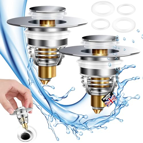 Swetfela 2 Pcs Sink Plug Replacement for Bathroom, Universal Pop Up Sink Plug, Stainless Steel Bath Plug UK, 32-42mm Pop Up Bath Plug, Hair Catcher Sink Plug for Bathroom Basin
